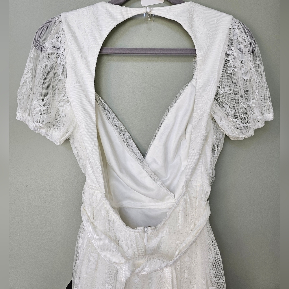 Lulus Romantic Prose White Lace Puff Sleeve Backless Midi Skater Dress, Small - Picture 12 of 14